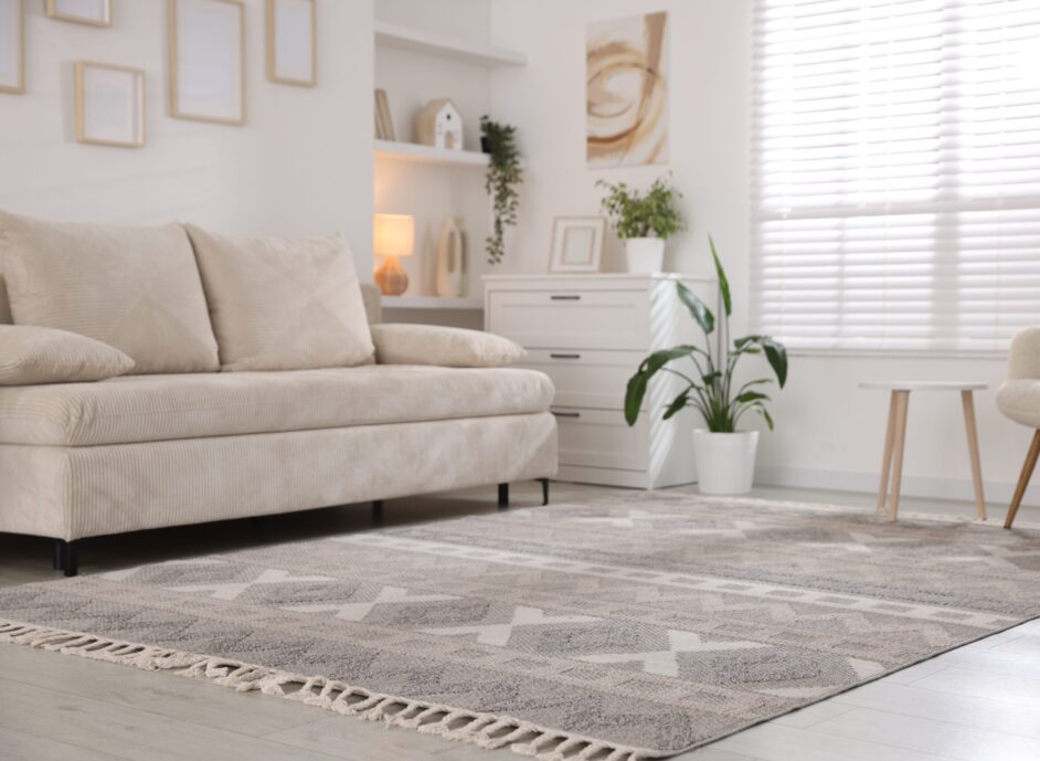 Comfortable sofa and stylish rug in room. Interior design